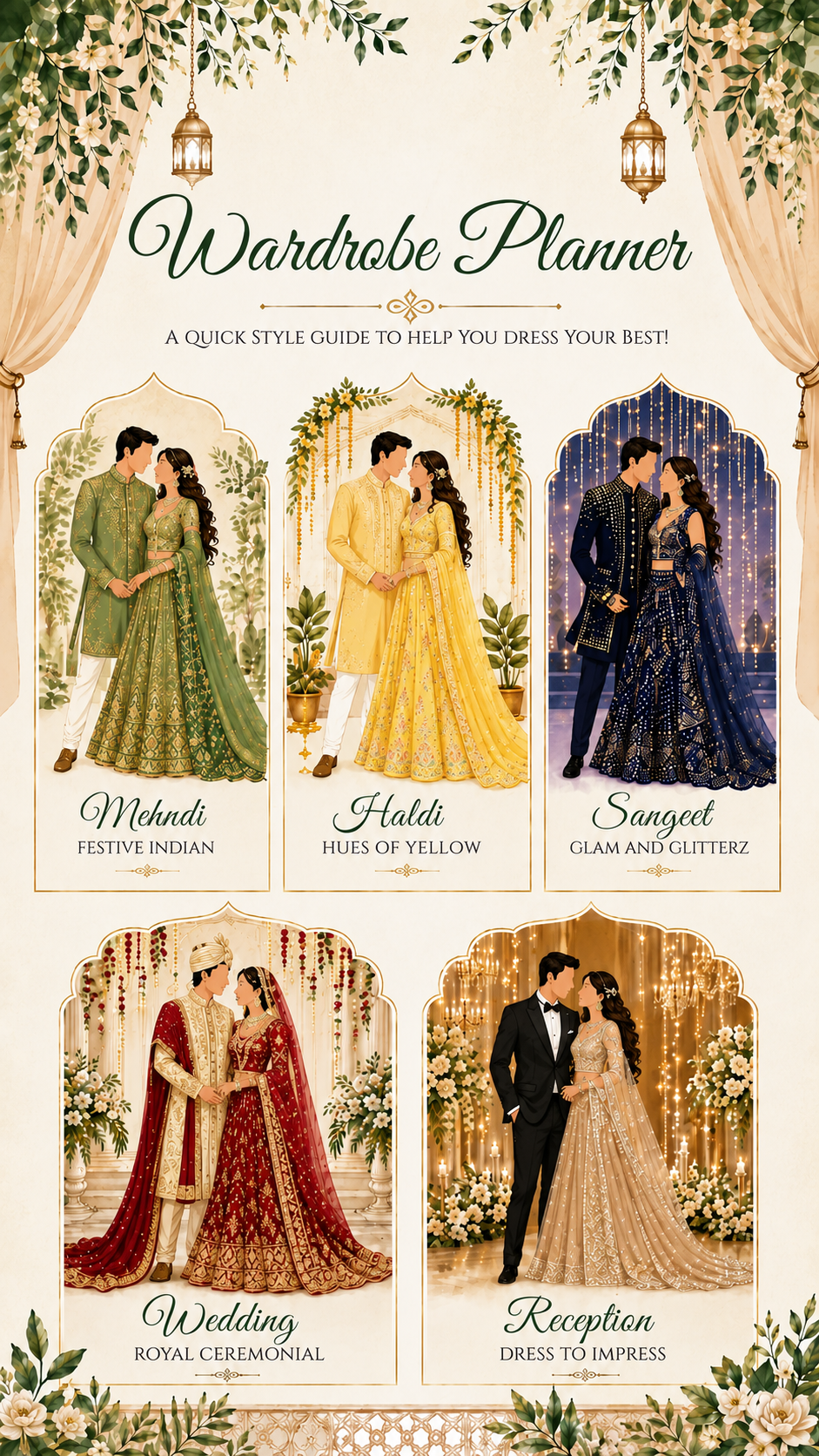 Wardrobe planner style guide for Mehndi, Haldi, Sangeet, Wedding, and Reception